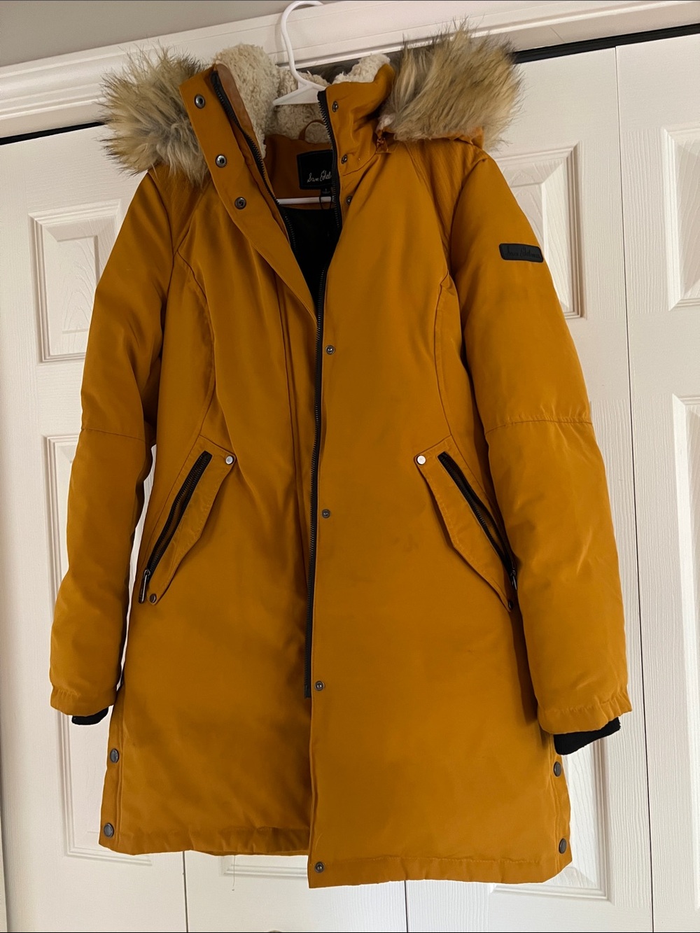 Sam Edelman Mustard Yellow Hooded Parka with Faux Fur Trim
